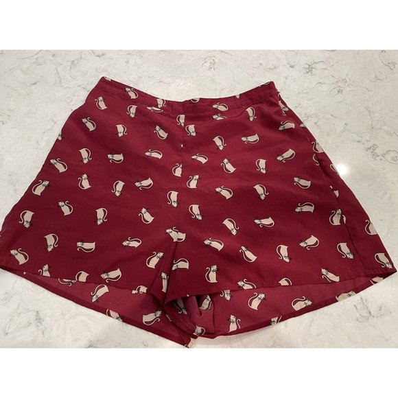 XXI Forever Exclusive Shorts M Medium Cat Print Maroon Beige Silky Side Zip - Picture 1 of 7